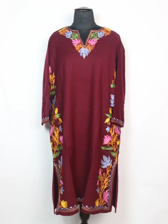 Designer Kashmiri Pheran Maroon Cashmilon With Side Panel Aari Embroidery | Rameen