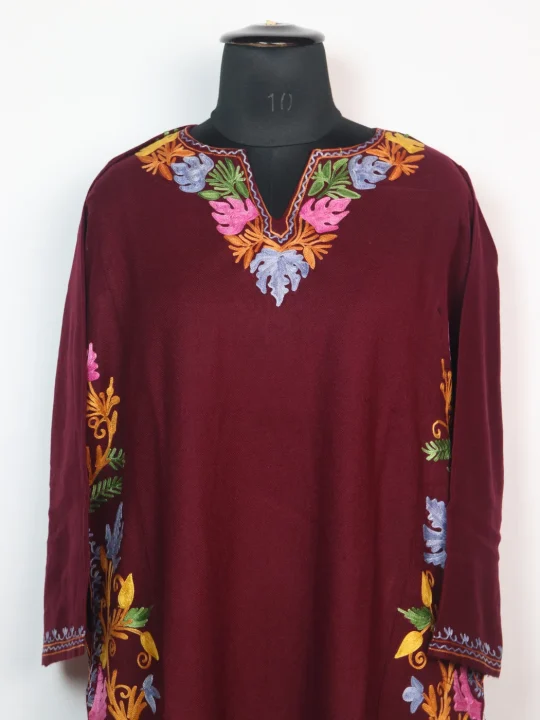 Designer Kashmiri Pheran Maroon Cashmilon With Side Panel Aari Embroidery | Rameen - Image 2