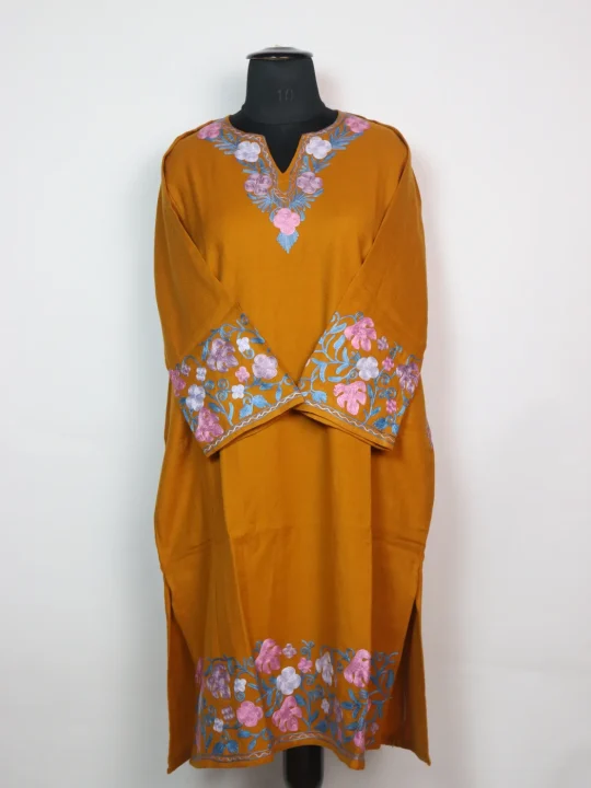 Anzala Kashmiri Pheran Mustard Cashmilon With Sleeve Jaal Aari Embroidery | Designer