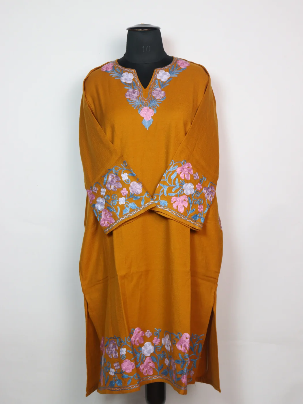 Anzala Kashmiri Pheran Mustard Cashmilon With Sleeve Jaal Aari Embroidery | Designer