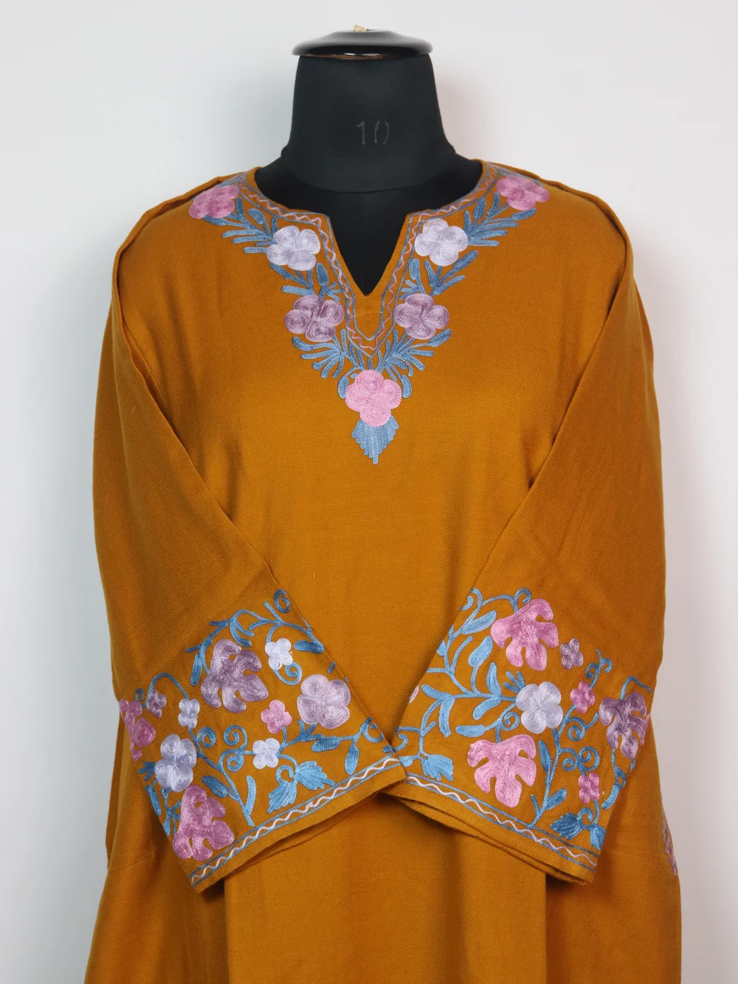Anzala Kashmiri Pheran Mustard Cashmilon With Sleeve Jaal Aari Embroidery | Designer - Image 2