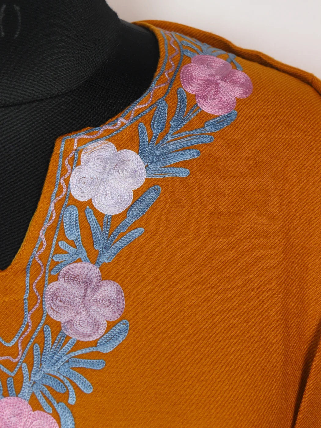 Anzala Kashmiri Pheran Mustard Cashmilon With Sleeve Jaal Aari Embroidery | Designer - Image 3