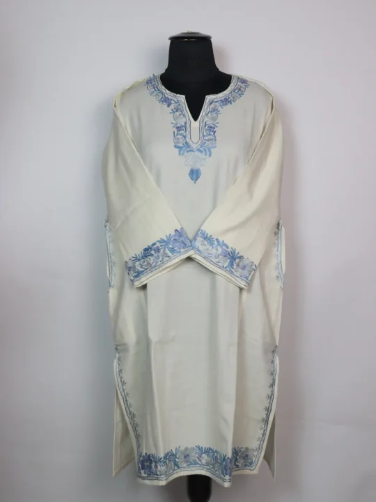 Designer Kashmiri Pheran With Sleeve Border Aari Embroidery in White Cashmilon | Areej