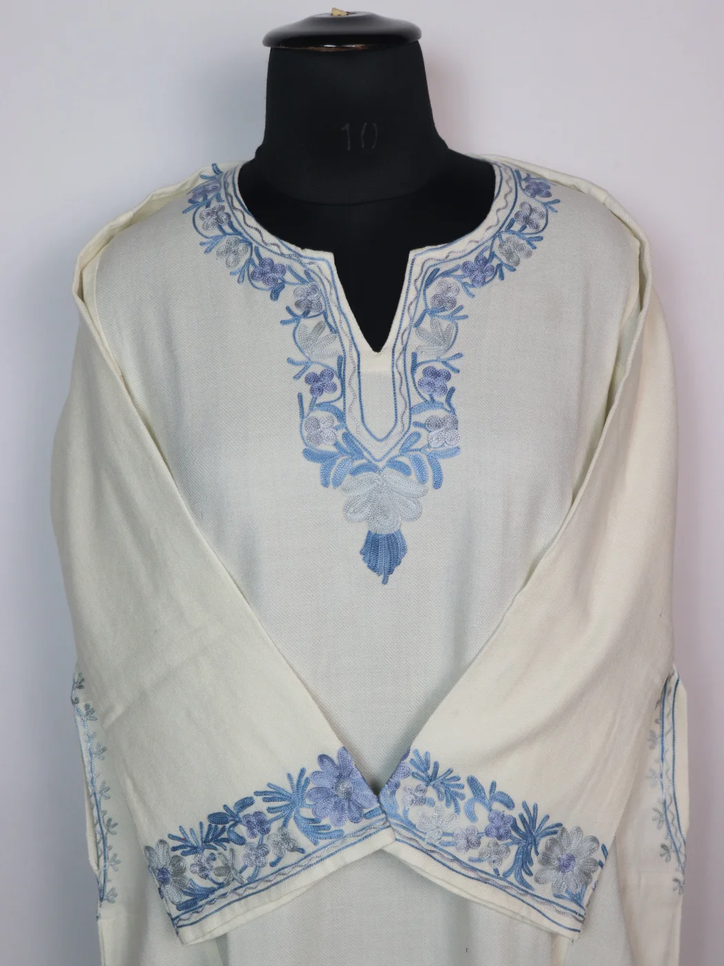 Designer Kashmiri Pheran With Sleeve Border Aari Embroidery in White Cashmilon | Areej - Image 2