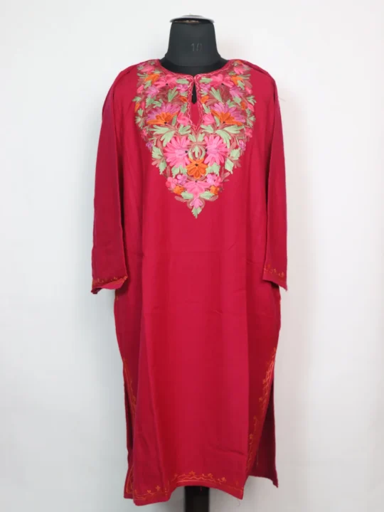 Bazila Kashmiri Pheran Deep Pink Cashmilon With Aari Embroidery
