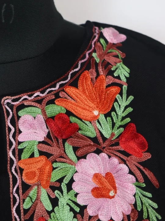 Kashmiri Pheran With Aari Embroidery in Black Cashmilon | Bazila - Image 3