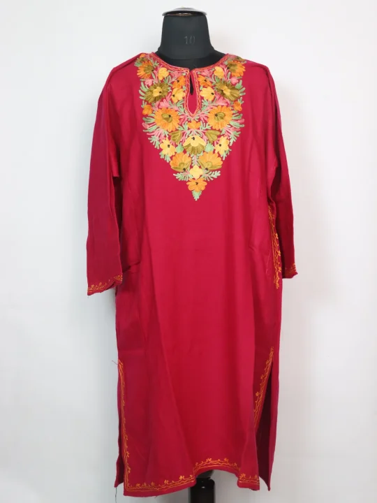 Kashmiri Pheran in Pink Cashmilon With Aari Embroidery | Bazila