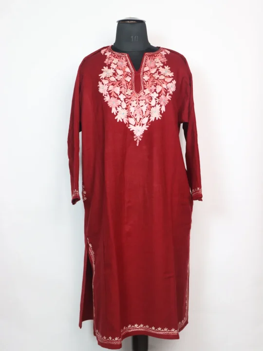 Wine Kashmiri Pheran Cashmilon With Aari Embroidery | Bazila
