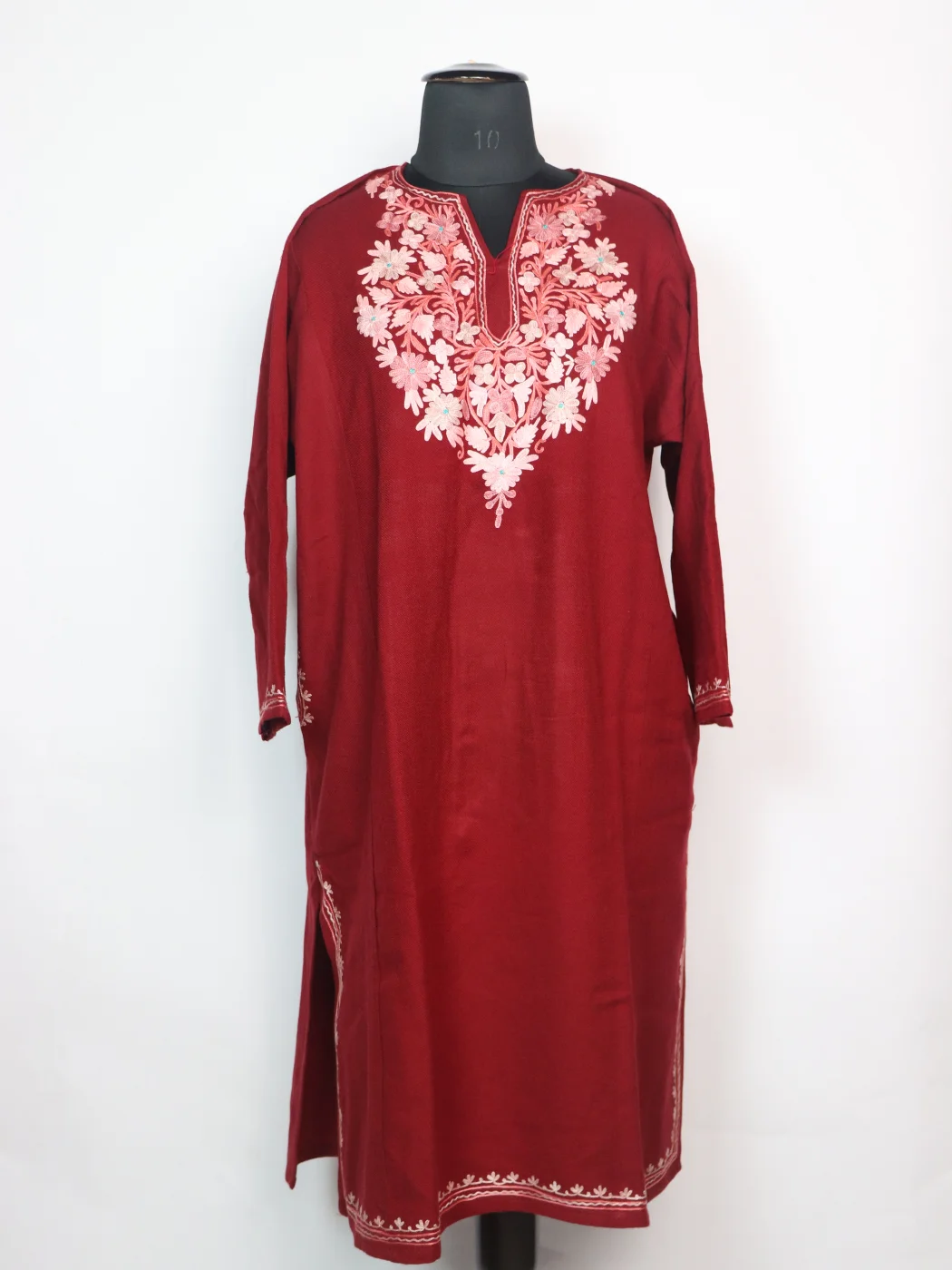 Wine Kashmiri Pheran Cashmilon With Aari Embroidery | Bazila