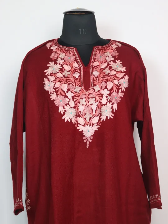 Wine Kashmiri Pheran Cashmilon With Aari Embroidery | Bazila - Image 2