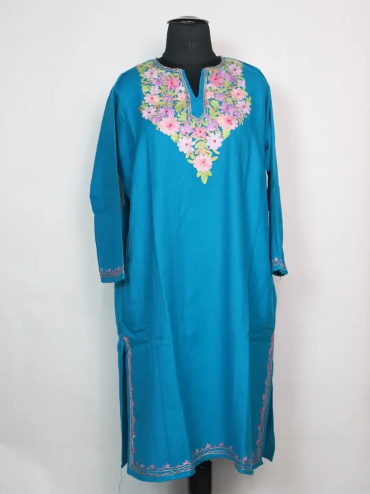 Bazila Kashmiri Pheran in Turquoise Blue Cashmilon With Aari Embroidery