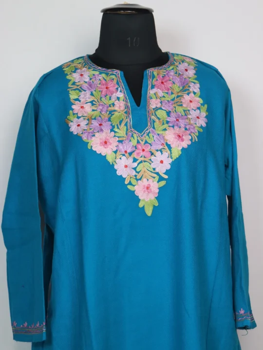 Bazila Kashmiri Pheran in Turquoise Blue Cashmilon With Aari Embroidery - Image 2