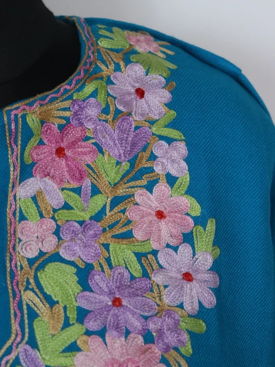 Bazila Kashmiri Pheran in Turquoise Blue Cashmilon With Aari Embroidery - Image 3