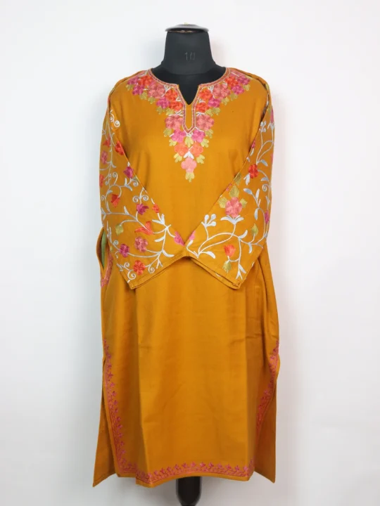 Lamees Kashmiri Pheran Designer in Yellow Cashmilon With Aari Embroidery Sleeve Jaal