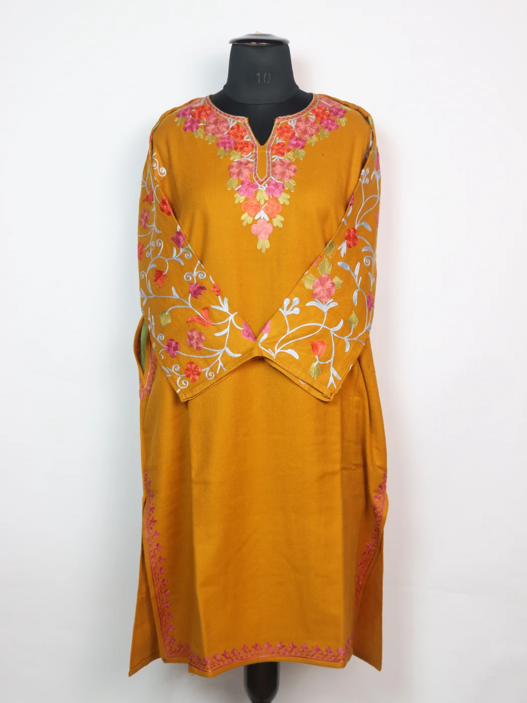 Lamees Kashmiri Pheran Designer in Yellow Cashmilon With Aari Embroidery Sleeve Jaal