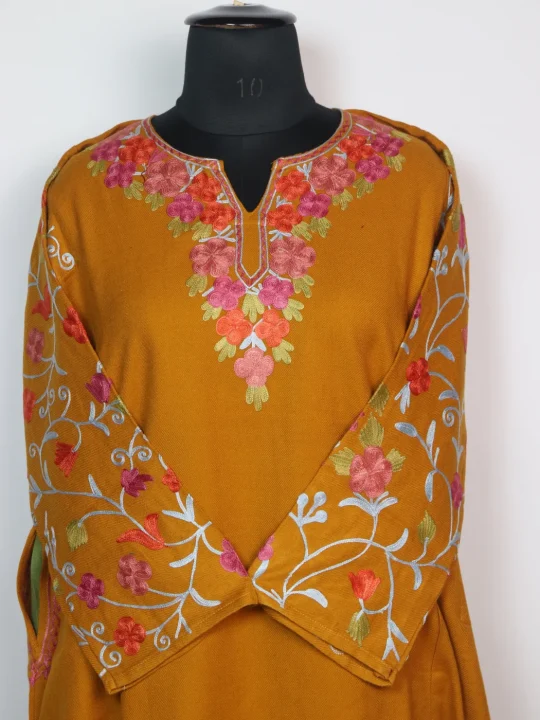 Lamees Kashmiri Pheran Designer in Yellow Cashmilon With Aari Embroidery Sleeve Jaal - Image 2