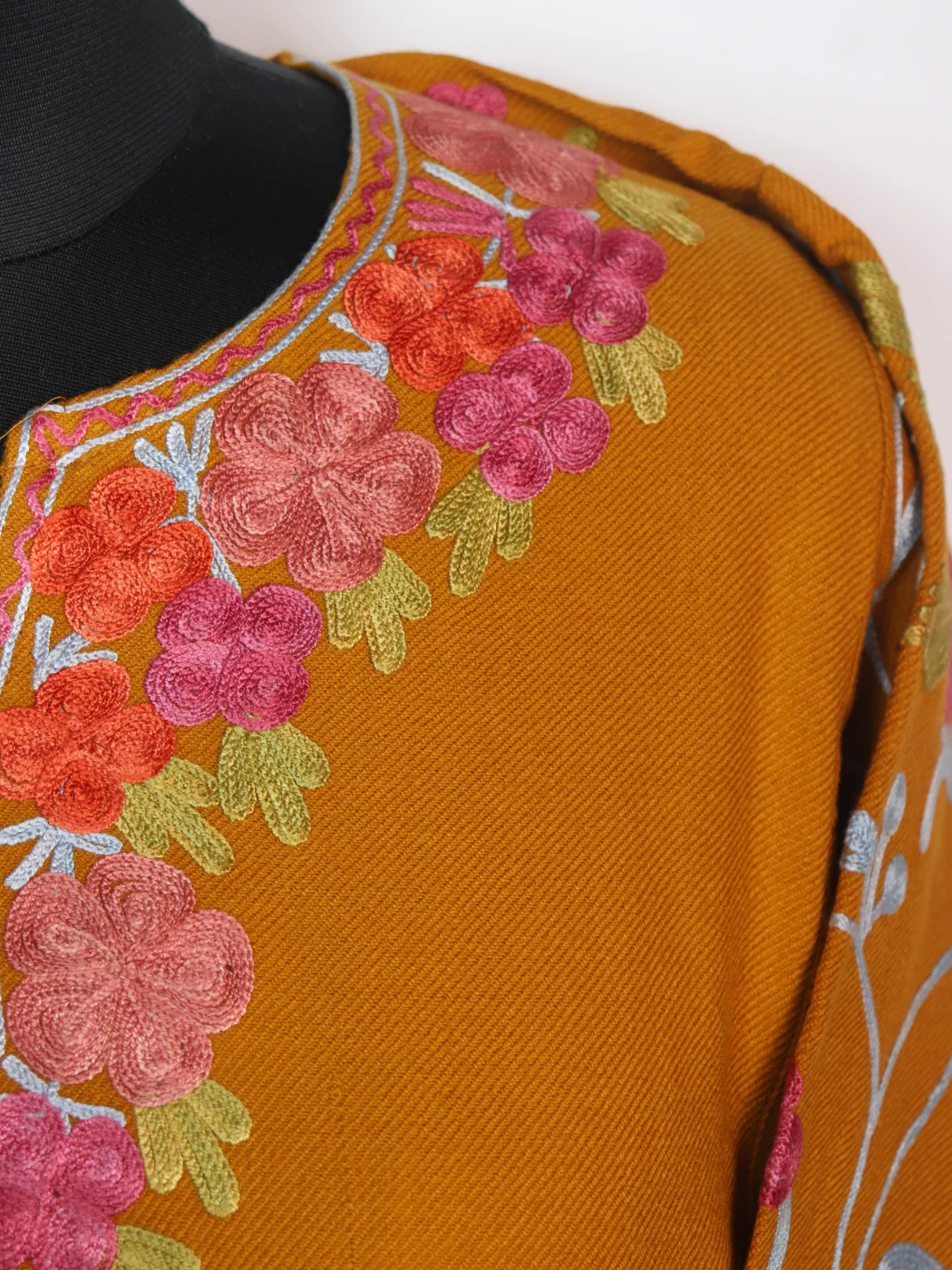 Lamees Kashmiri Pheran Designer in Yellow Cashmilon With Aari Embroidery Sleeve Jaal - Image 3
