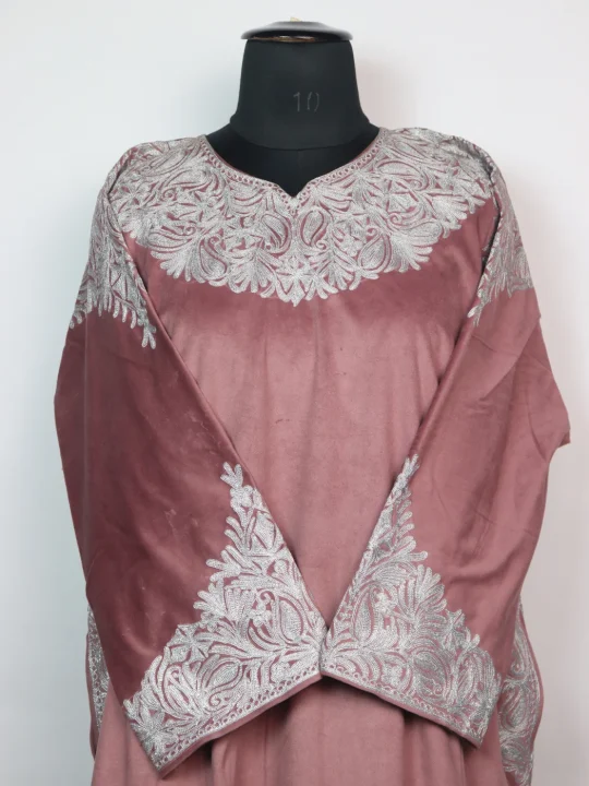 Kashmiri Pheran in Dusty Pink Makhmal with Zari Work | Ruqayya - Image 2