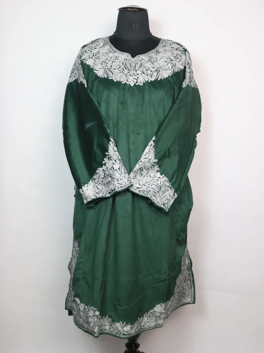 Fariha Kashmiri Pheran with Zari Work in Makhmal | Dark Green