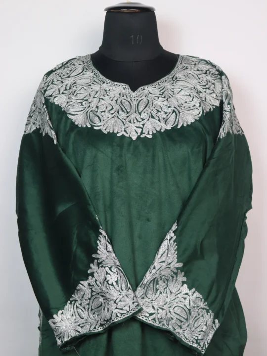 Fariha Kashmiri Pheran with Zari Work in Makhmal | Dark Green - Image 2