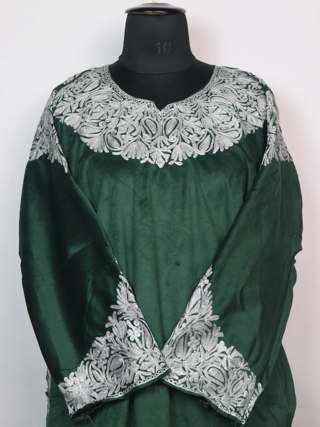 Fariha Kashmiri Pheran with Zari Work in Makhmal | Dark Green - Image 2