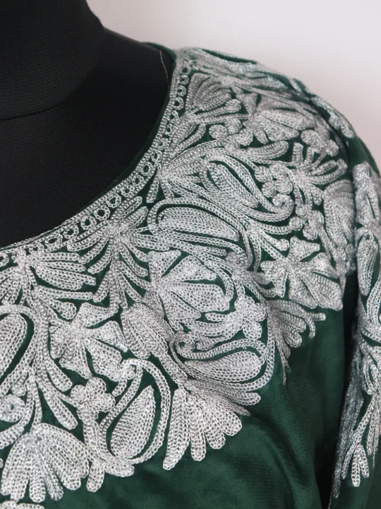 Fariha Kashmiri Pheran with Zari Work in Makhmal | Dark Green - Image 3