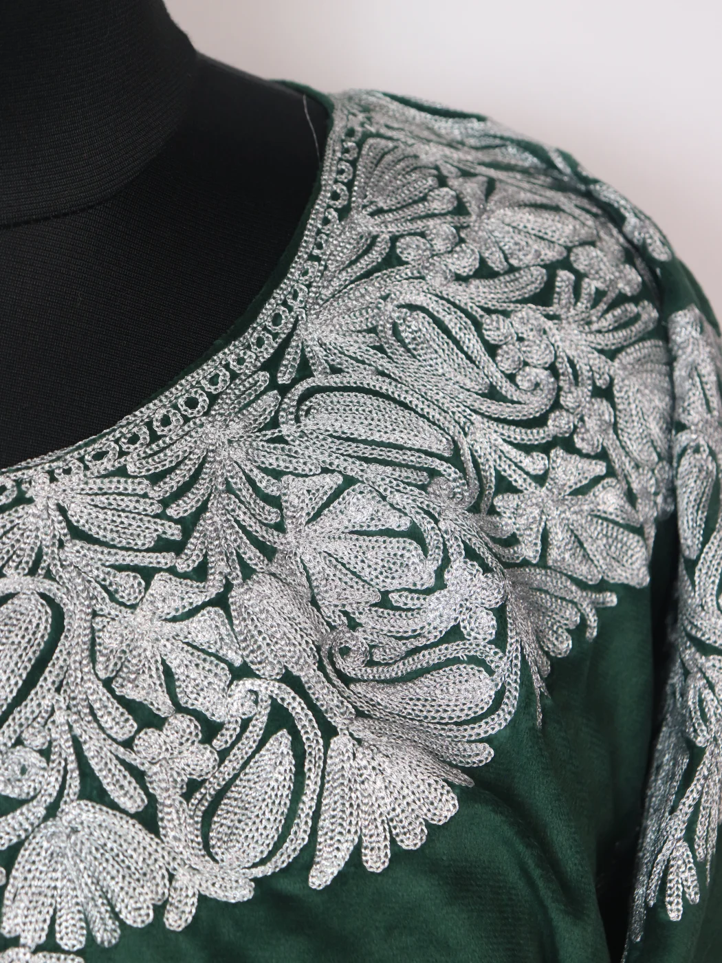 Fariha Kashmiri Pheran with Zari Work in Makhmal | Dark Green - Image 3