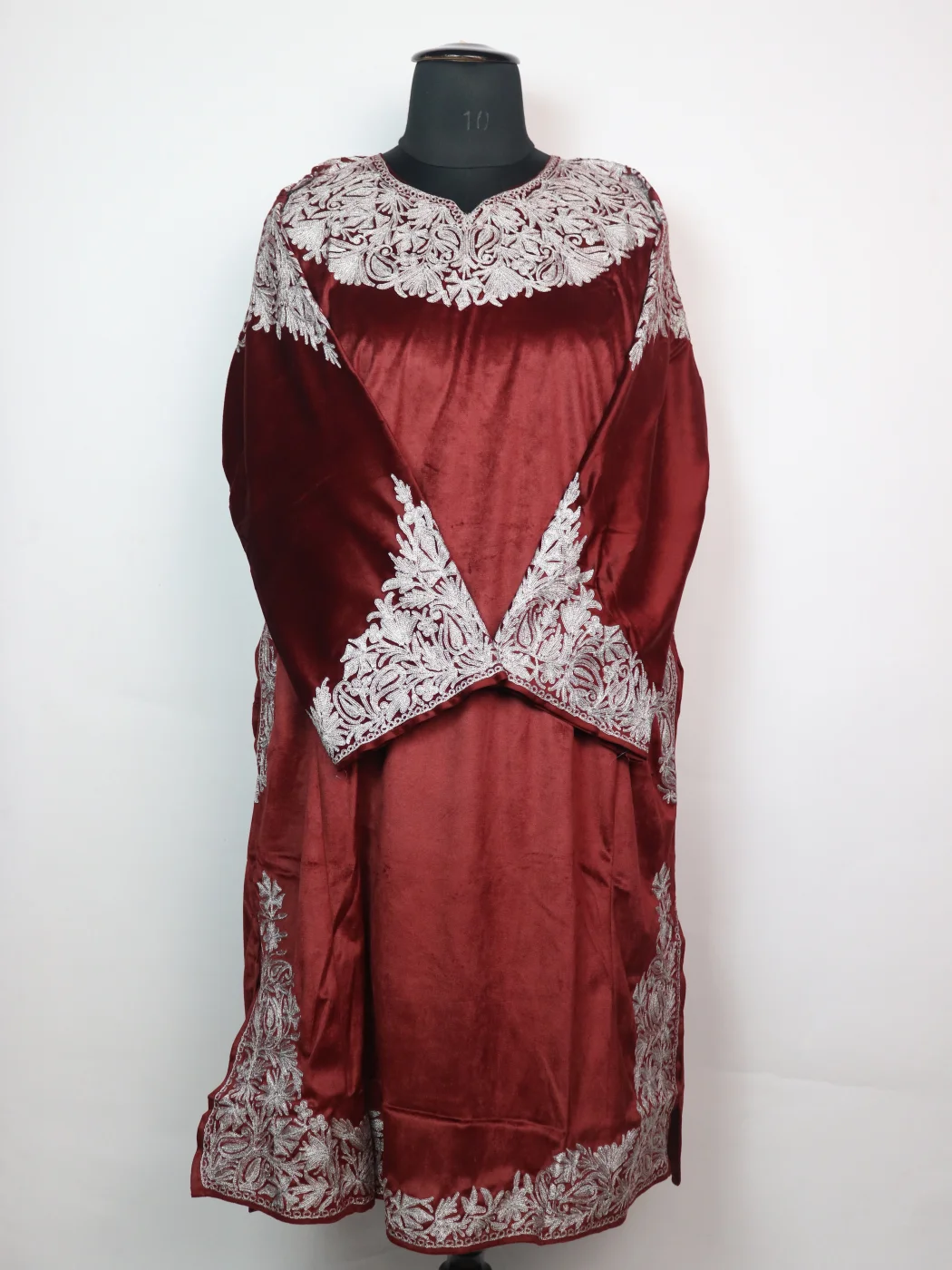 Sidra Kashmiri Pheran in Maroon Makhmal with Zari Work