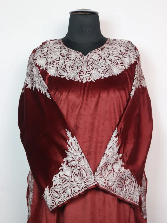 Sidra Kashmiri Pheran in Maroon Makhmal with Zari Work - Image 2