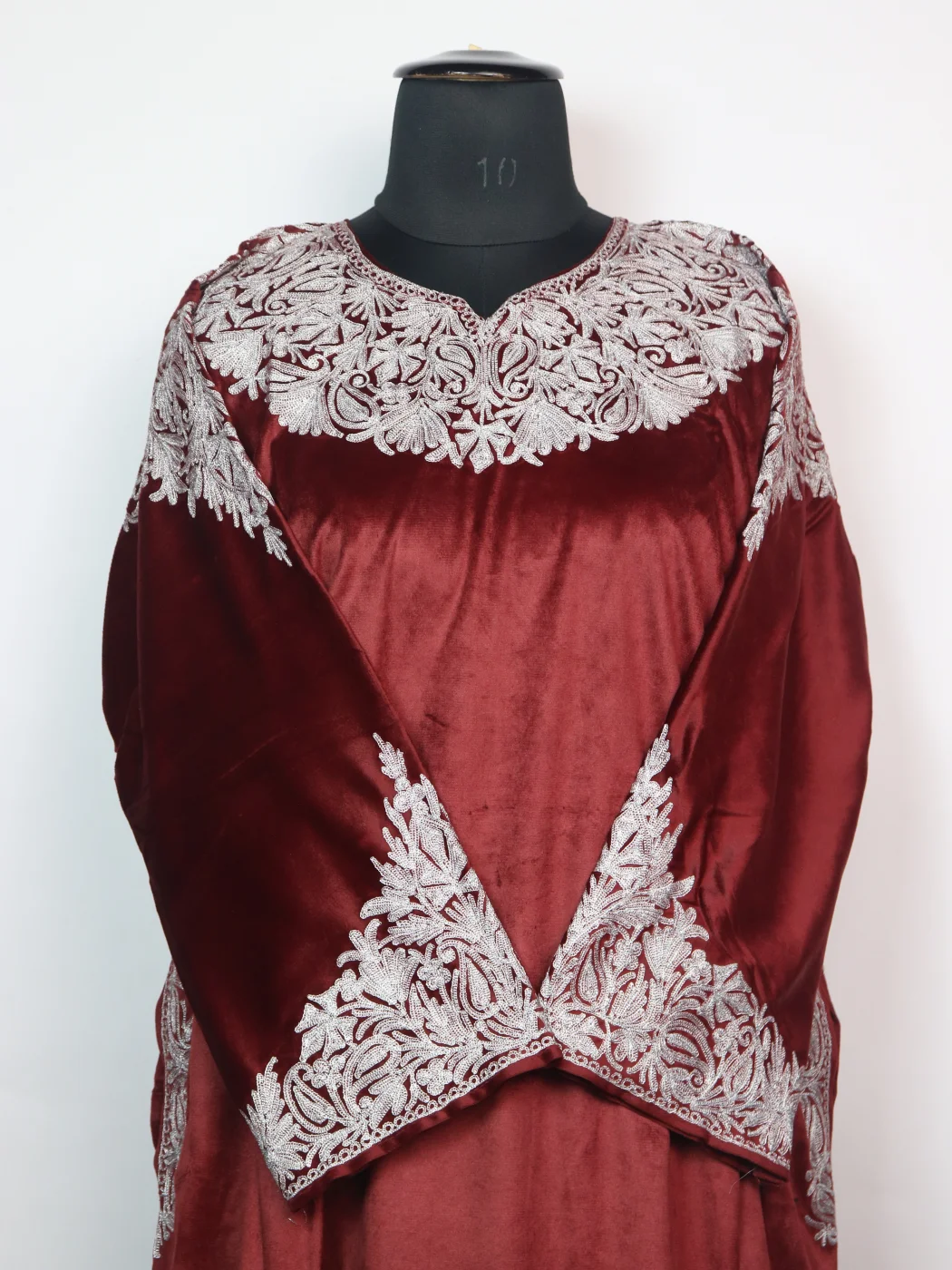 Sidra Kashmiri Pheran in Maroon Makhmal with Zari Work - Image 2