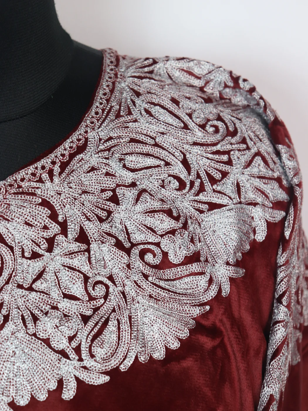 Sidra Kashmiri Pheran in Maroon Makhmal with Zari Work - Image 3