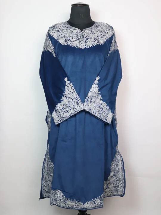 Blue Kashmiri Pheran with Silver Zari Work in Makhmal | Zunaira