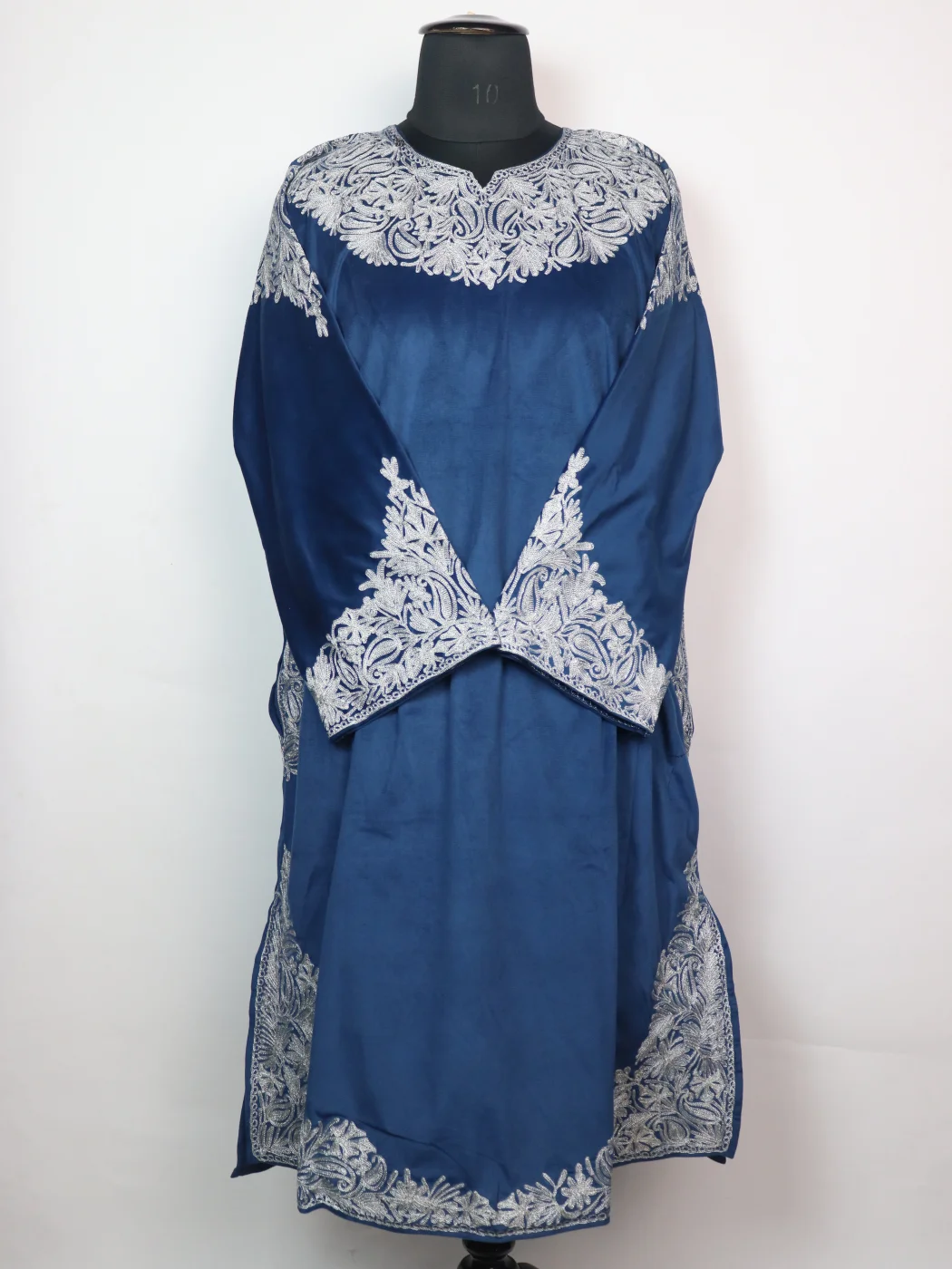 Blue Kashmiri Pheran with Silver Zari Work in Makhmal | Zunaira