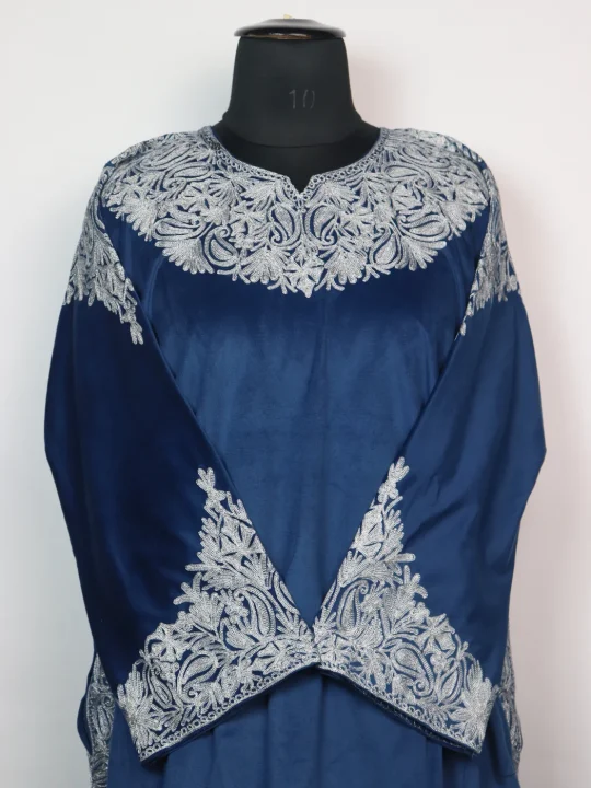 Blue Kashmiri Pheran with Silver Zari Work in Makhmal | Zunaira - Image 2