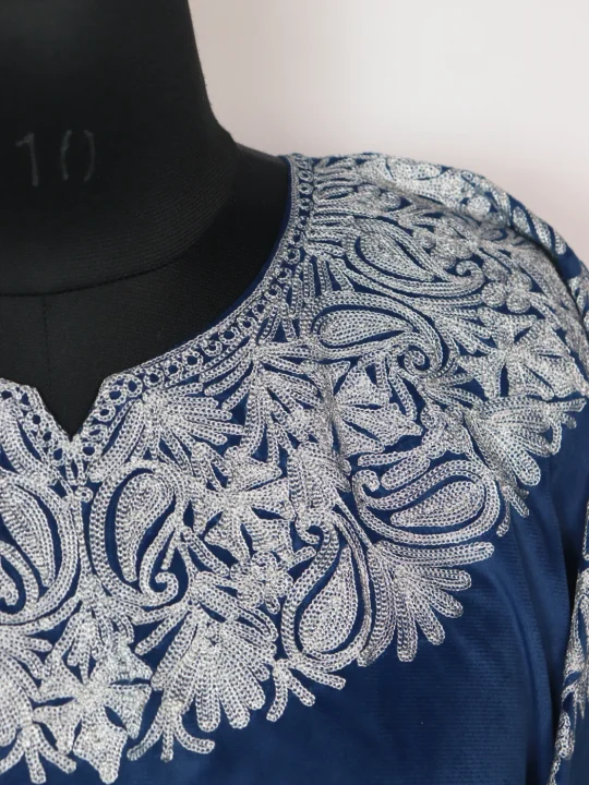 Blue Kashmiri Pheran with Silver Zari Work in Makhmal | Zunaira - Image 3