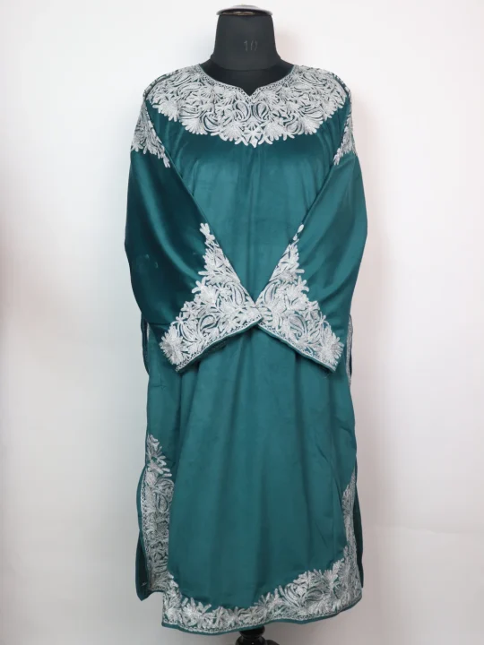 Nayab Kashmiri Pheran in Teal Green Makhmal with Zari Work