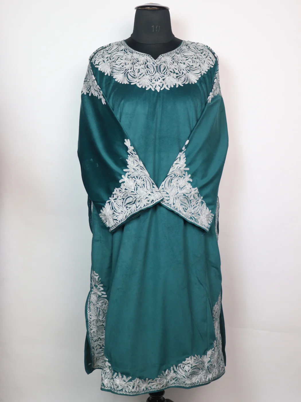 Nayab Kashmiri Pheran in Teal Green Makhmal with Zari Work