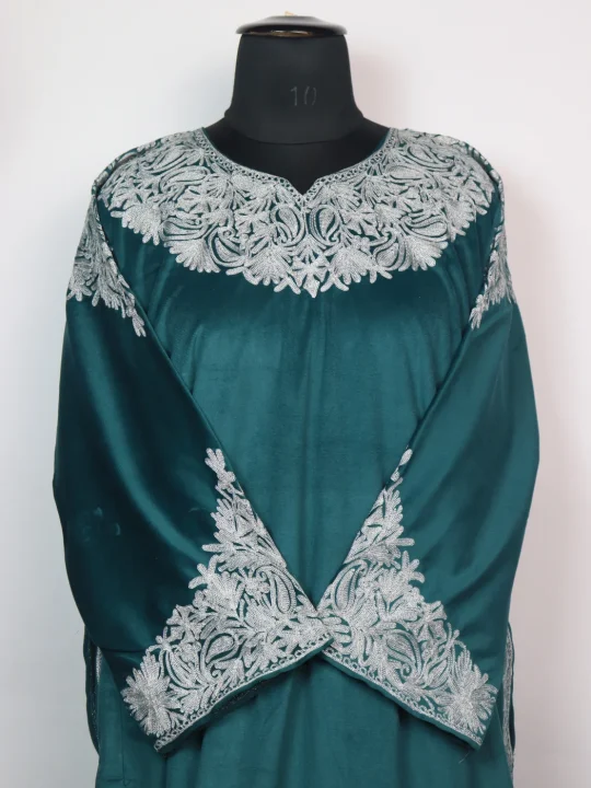 Nayab Kashmiri Pheran in Teal Green Makhmal with Zari Work - Image 2