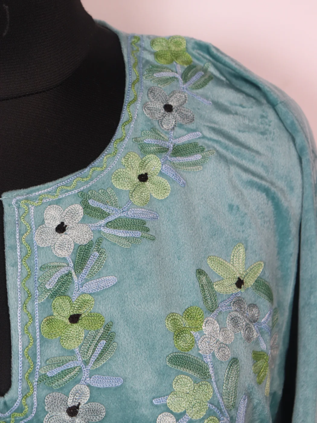 Sea Green Kashmiri Velvet Pheran with Aari Embroidery | Mahnoor - Image 3