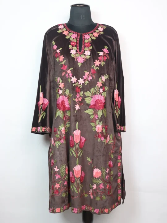Sabeen Pheran in Dark Brown Velvet with Kashmiri Aari Embroidery