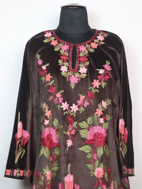 Sabeen Pheran in Dark Brown Velvet with Kashmiri Aari Embroidery - Image 2