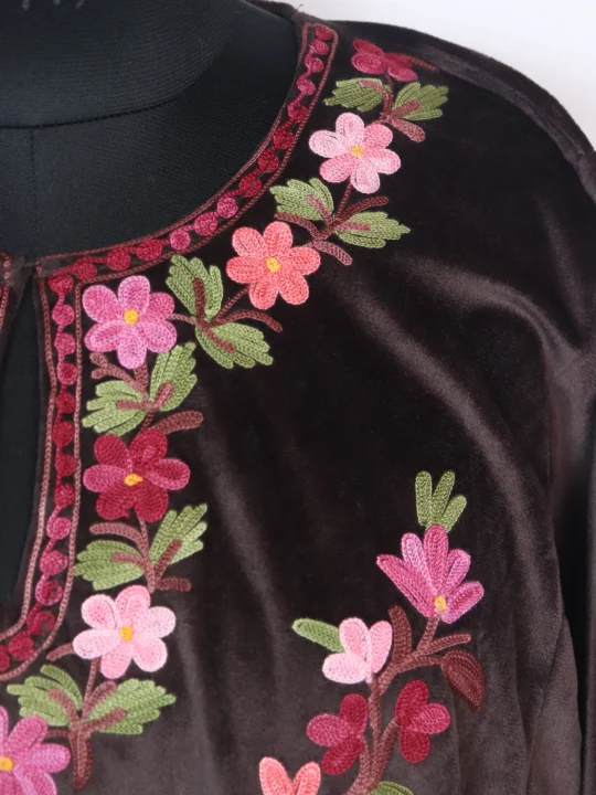 Sabeen Pheran in Dark Brown Velvet with Kashmiri Aari Embroidery - Image 3