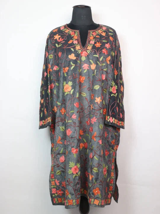 Grey Kashmiri Pheran In Velvet with Aari Embroidery | Sahar