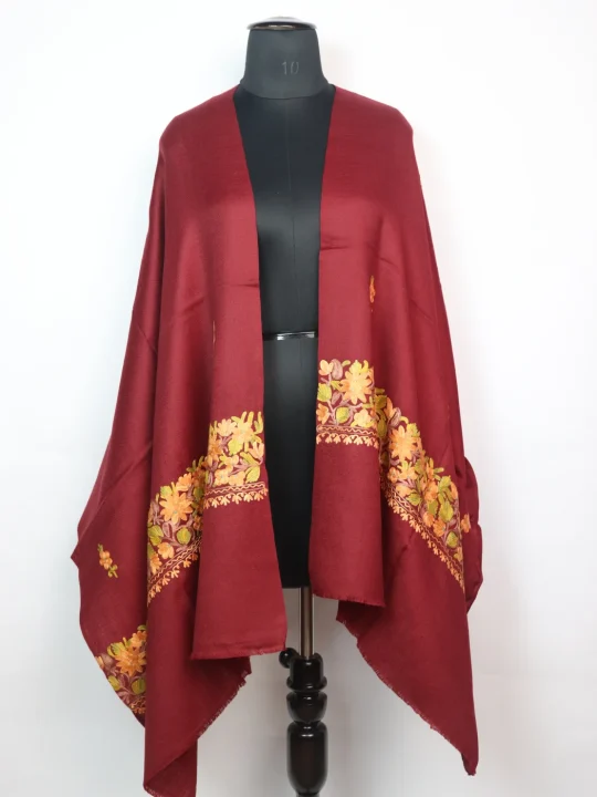 Maroon Polywool Kashmiri Stole with Aari Embroidery | Nida