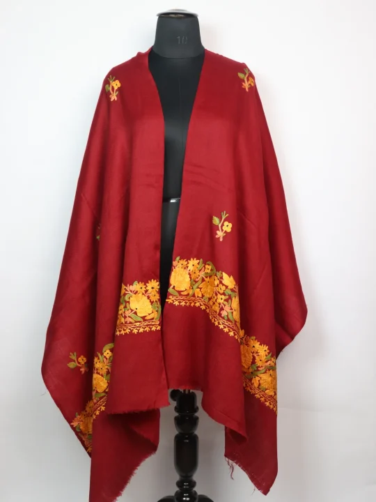 Kashmiri Polywool Stole with Aari Embroidery | Iqra | Maroon