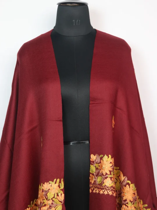 Maroon Polywool Kashmiri Stole with Aari Embroidery | Nida - Image 2