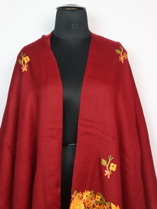 Kashmiri Polywool Stole with Aari Embroidery | Iqra | Maroon - Image 2