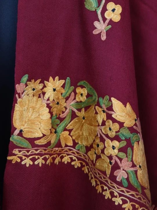 Kashmiri Polywool Stole with Aari Embroidery | Iqra | Maroon - Image 3