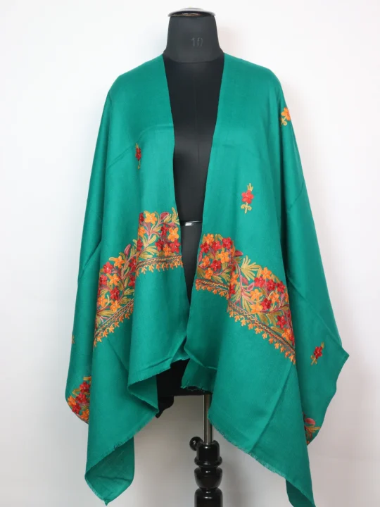 Hina Kashmiri Stole with Aari Embroidery in Polywool | Green