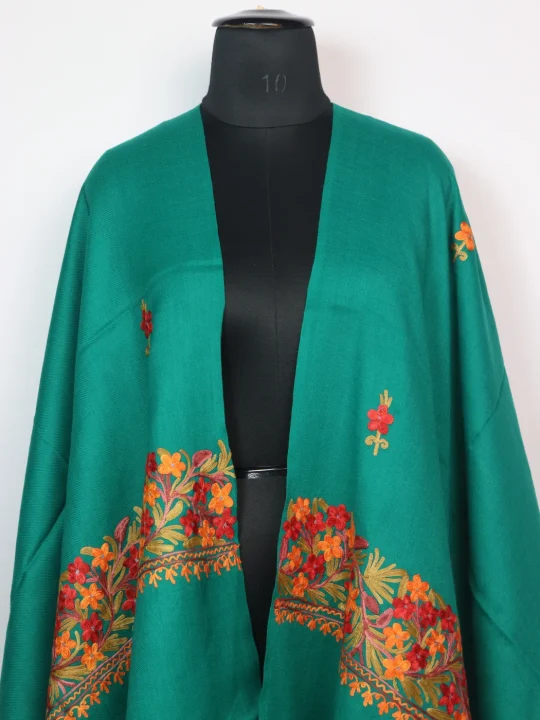 Hina Kashmiri Stole with Aari Embroidery in Polywool | Green - Image 2